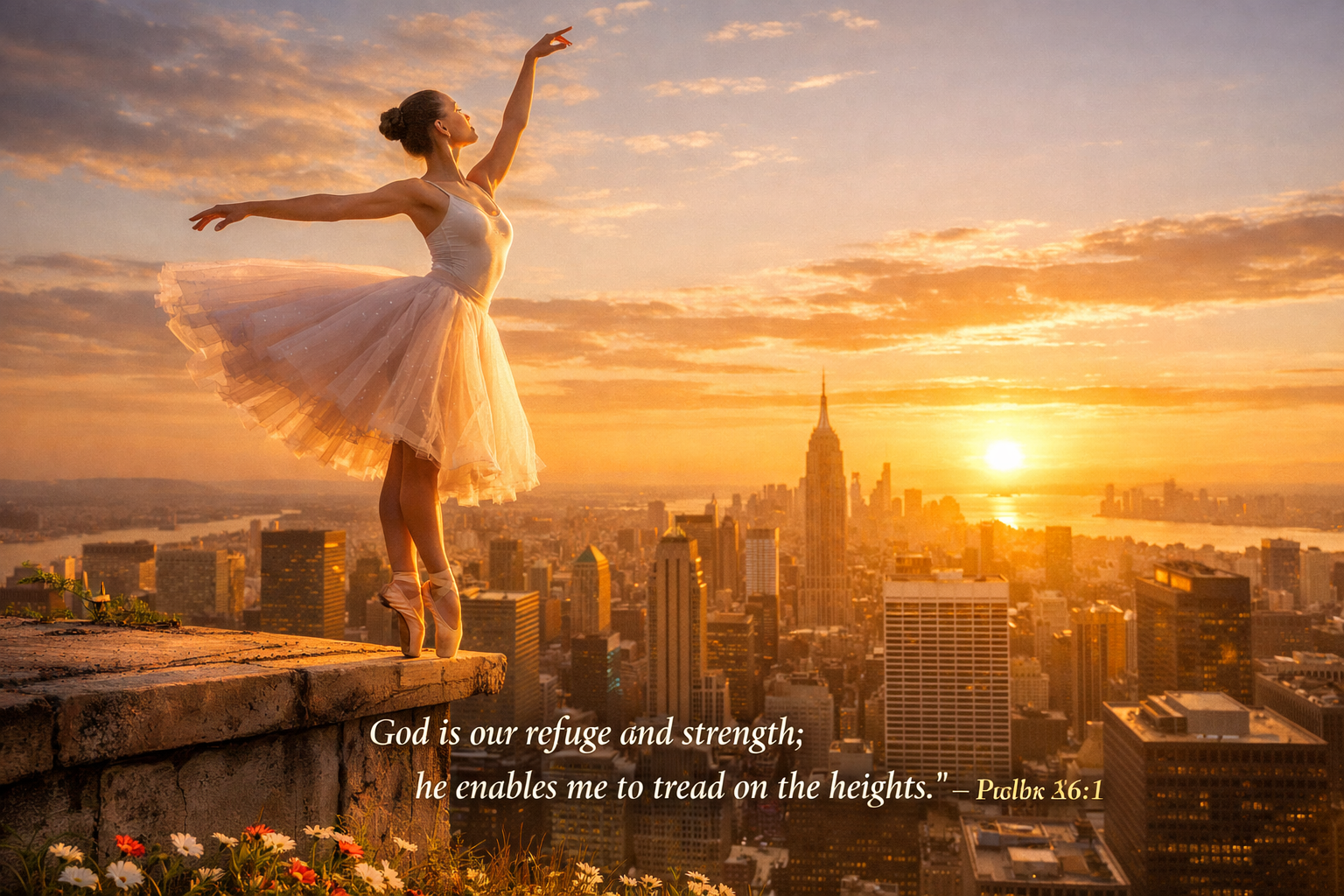 Bible verse wallpaper Habakkuk 3:19 with ballet dancer en pointe on rooftop edge at golden hour with cityscape below
